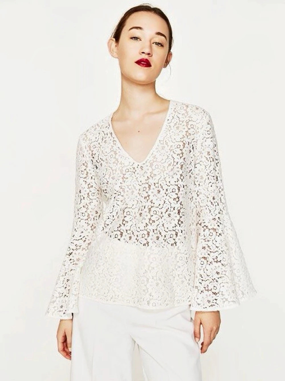 Zara Floral Sheer Lace Bell Sleeve V-Neck Blouse White Coquette Boho Chic Medium